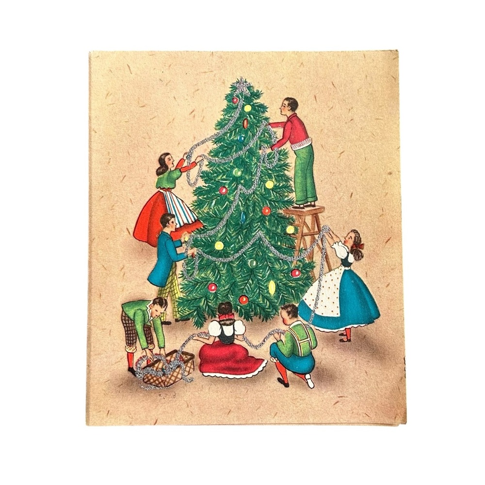 VTG 40s 50s Christmas Greeting Card Family Decorating Tree w Tinsel Retro Art